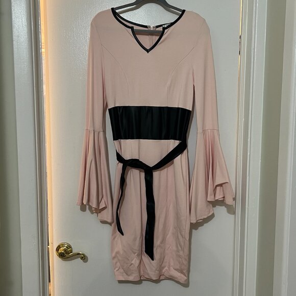 Venus - Stretch Bell Sleeves Belted Dress - Pink/Black - Size 8 - Picture 2 of 7